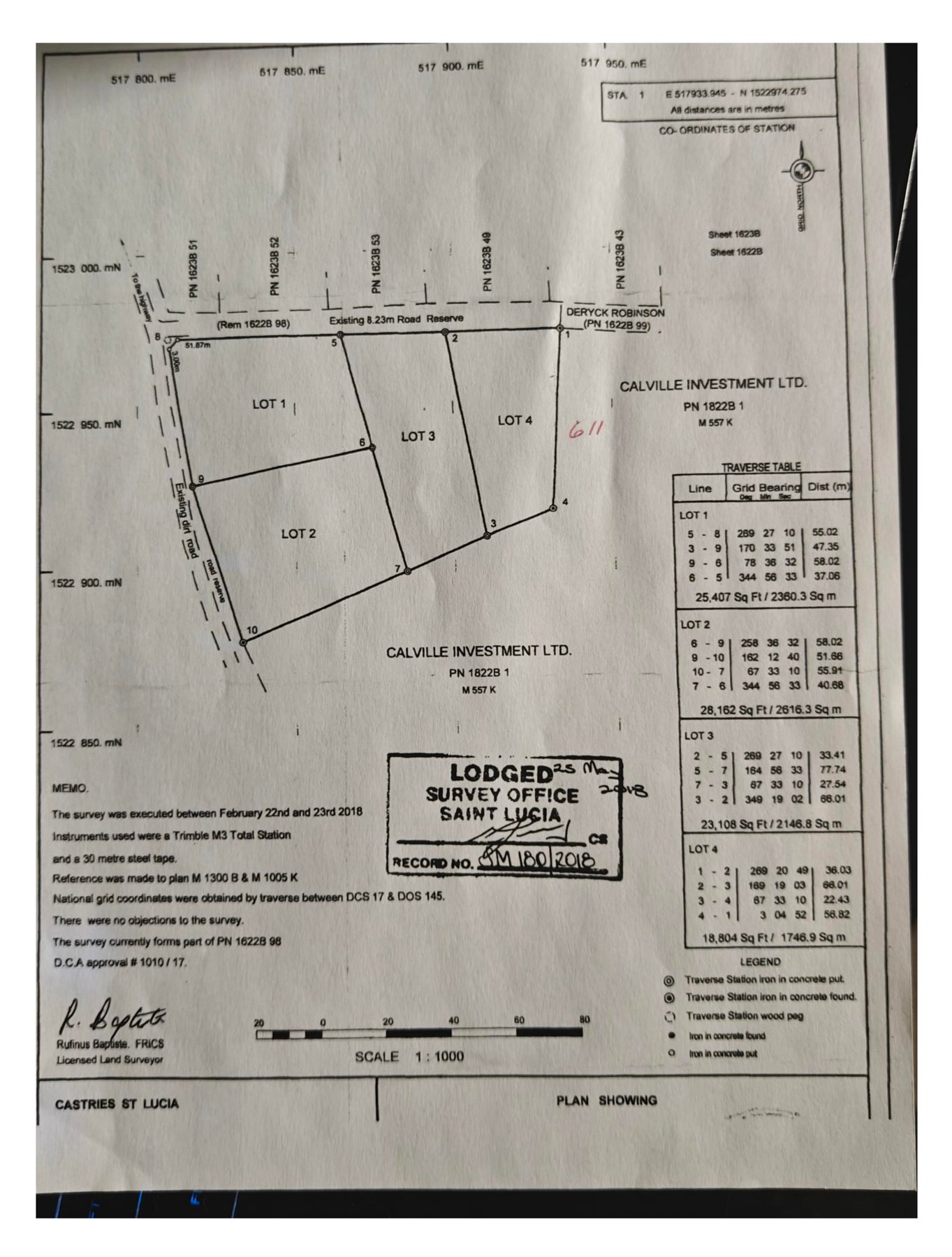 Official land survey — D.C.A. #1010/17, signed by Rufinus Baptiste, FRICS